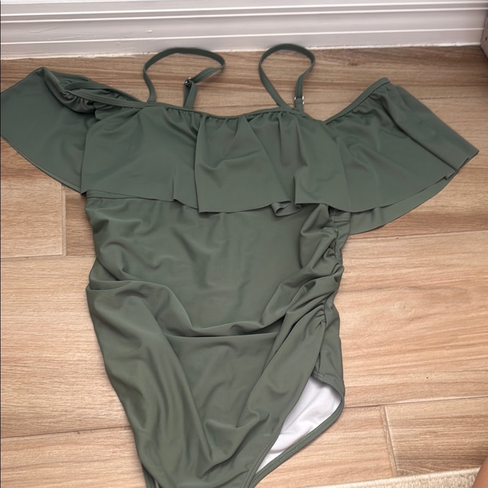 Maternity Green Off-Shoulder Ruffle One Piece Swimsuit